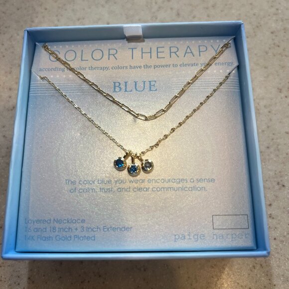 PAIGE HARPER Blue Color Therapy 3 Stone Layered Necklace 14K Gold Plated NIB - Picture 2 of 5